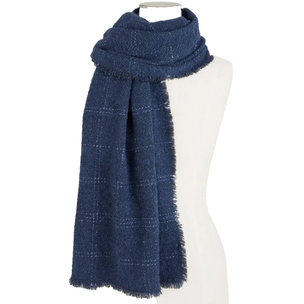 Talbots Metallic Windowpane Plaid Wrap Womens Large Scarf Sapphire Blue Fringed